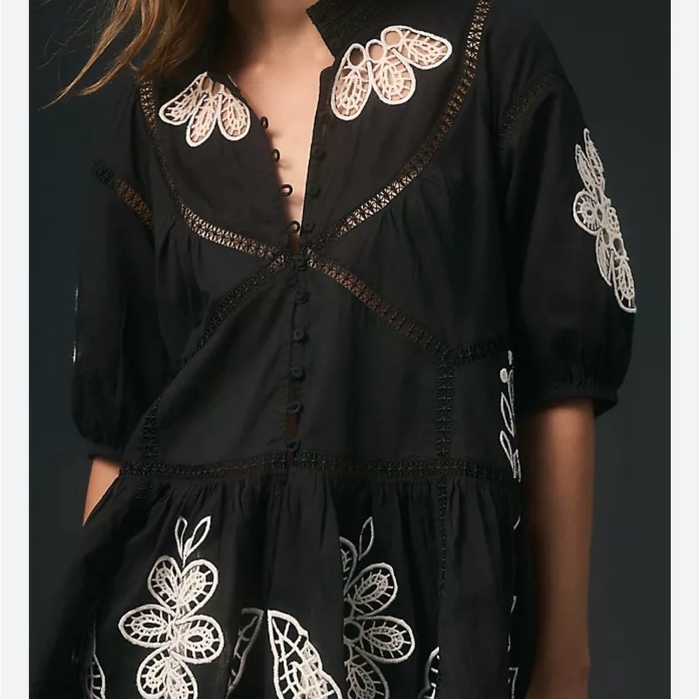 Black Embroidered Peasant Blouse with White Lace Accents